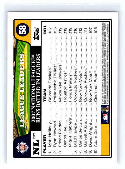 2008 Topps #58 NL Leaders: Runs Batted In (Matt Holliday / Ryan Howard / Miguel Cabrera)