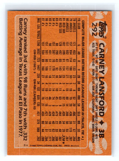 1988 Topps #292 Carney Lansford