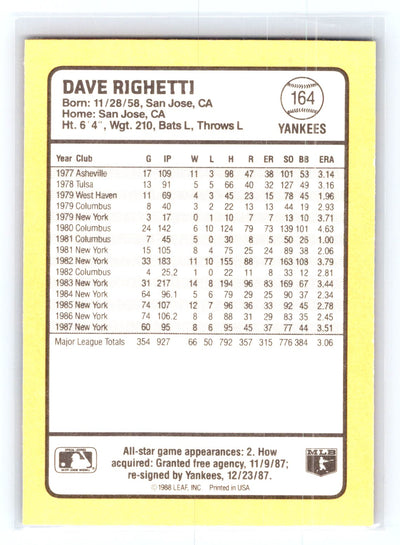 1988 Donruss Baseball's Best #164 Dave Righetti