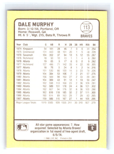 1988 Donruss Baseball's Best #113 Dale Murphy