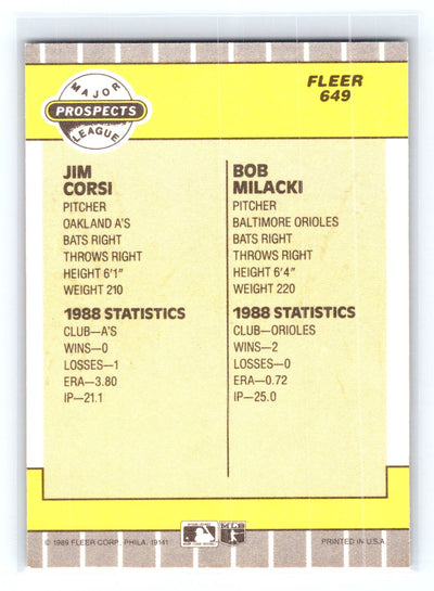 1989 Fleer #649 Jim Corsi / Bob Milacki