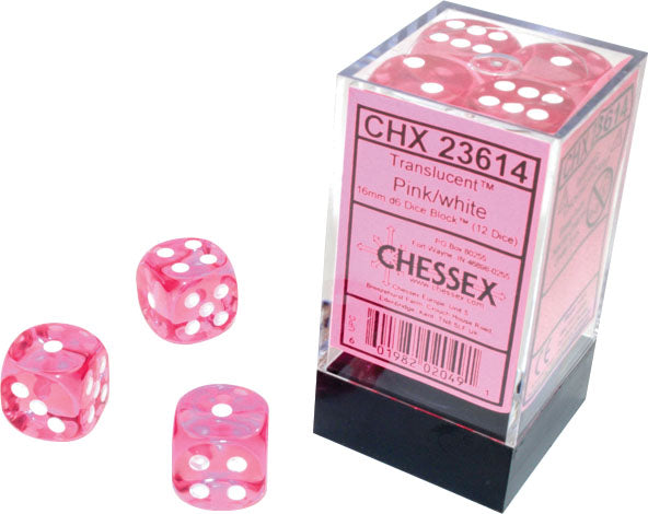 Translucent 16mm D6 Pink/White (12)