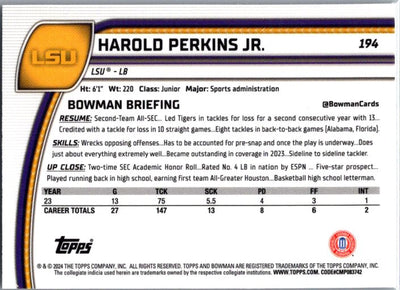 2024 Bowman University Chrome #194 Harold Perkins Jr.