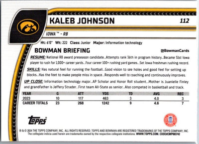 2024 Bowman University Chrome #112 Kaleb Johnson
