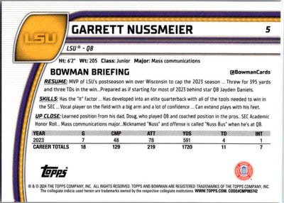 2024 Bowman University Chrome #5 Garrett Nussmeier Purple Shimmer Refractor