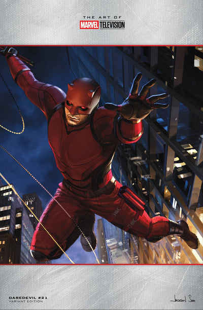 A variant cover of Daredevil comic featuring the character in a red suit jumping in an urban setting at night, with a distinctive artist signature on the bottom.