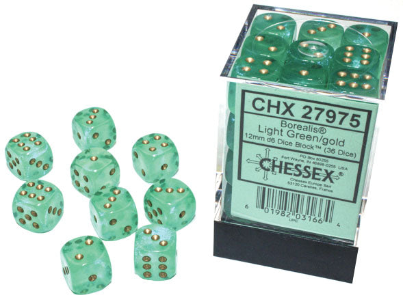 Borealis 12mm d6 Light Green/gold Luminary Dice Block (36 dice)