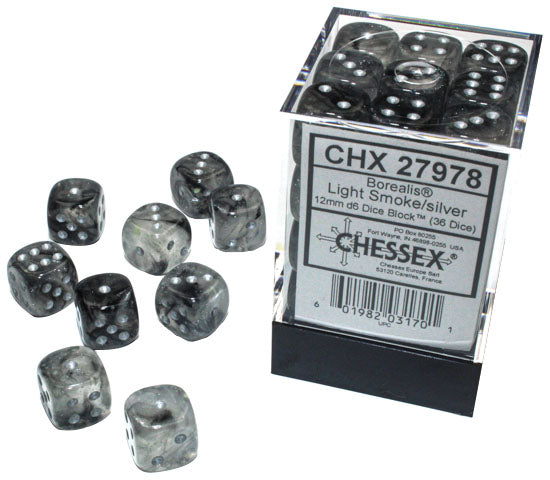 Borealis 12mm d6 Light Smoke/silver Luminary Dice Block (36 dice)