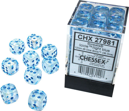 Borealis 12mm d6 Icicle/light blue Luminary Dice Block (36 dice)