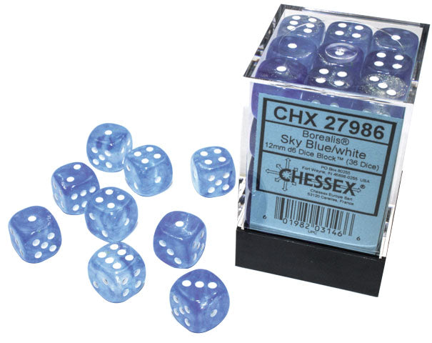 Borealis 12mm d6 Sky Blue/white Luminary Dice Block (36 dice)