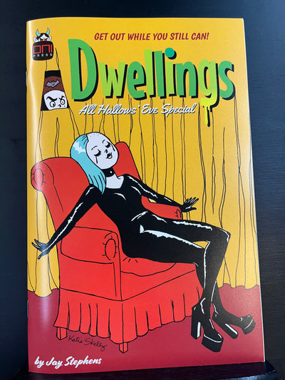 Book cover of 'Dwellings All Hallow's Eve Special' with a character on a red couch against a yellow curtain.