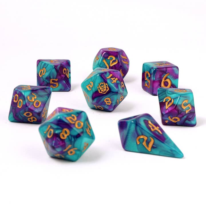 Wholesale Wyrmforged Rollers - Rounded Edge 8 Piece Polyhedral Dice set - Frostbloom