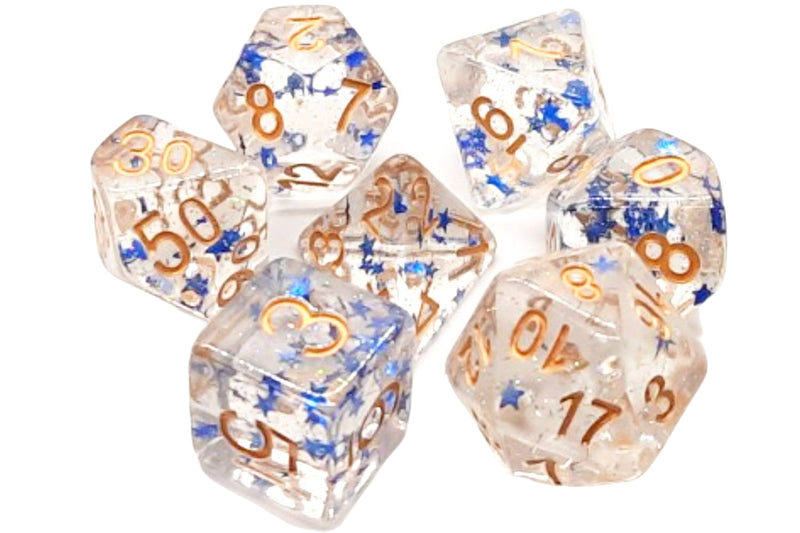 Old School 7 Piece RPG Dice Set: Infused - Blue Stars w/ Gold