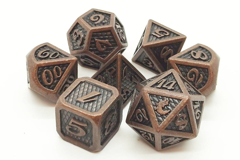 Old School 7 Piece D&D RPG Metal Dice Set: Dragon Scale - Ancient Bronze