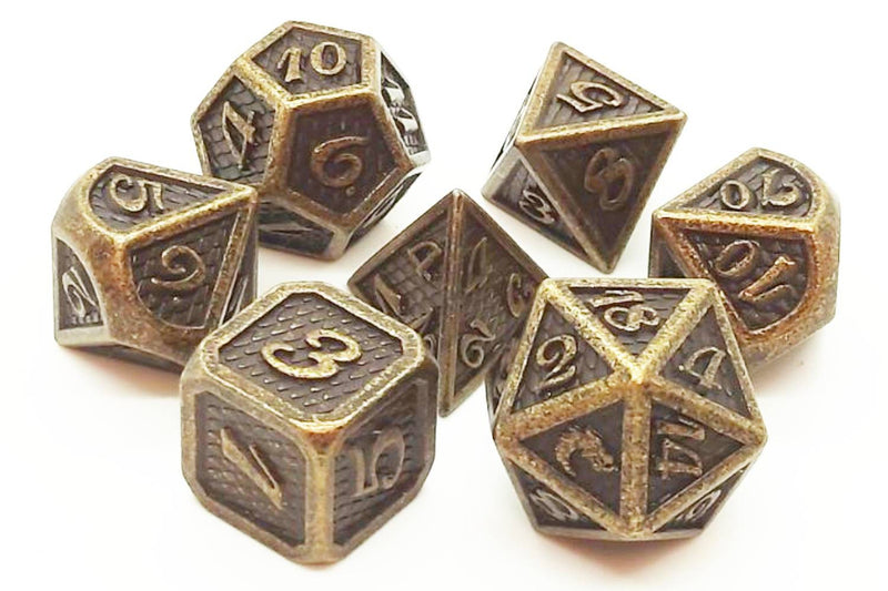 Old School 7 Piece D&D RPG Metal Dice Set: Dragon Scale - Ancient Gold