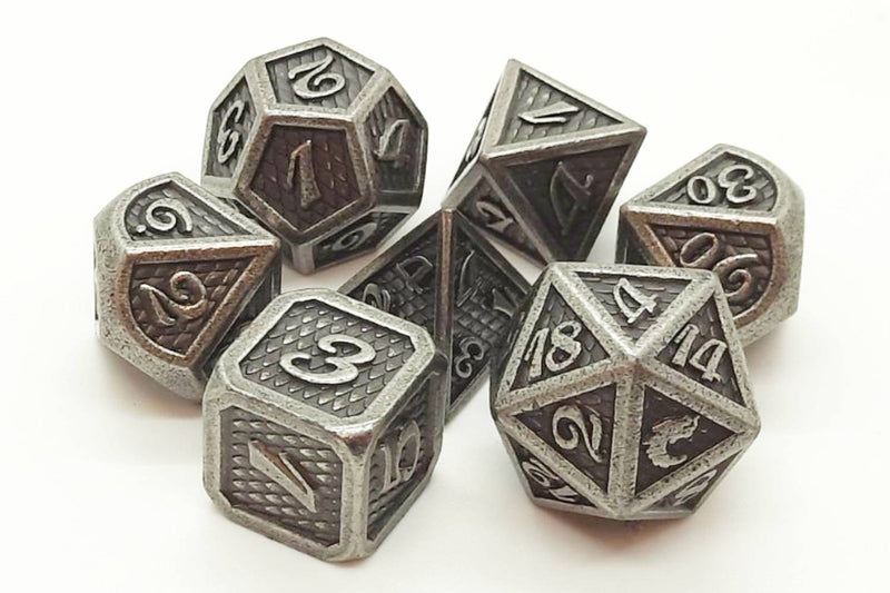 Old School 7 Piece D&D RPG Metal Dice Set: Dragon Scale - Ancient Silver