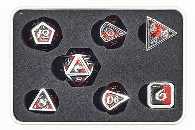 Old School 7 Piece D&D RPG Metal Dice Set: Dragon Scale - Black & Red