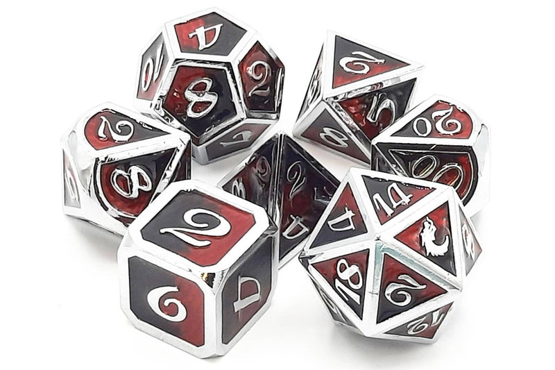 Old School 7 Piece D&D RPG Metal Dice Set: Dragon Scale - Black & Red