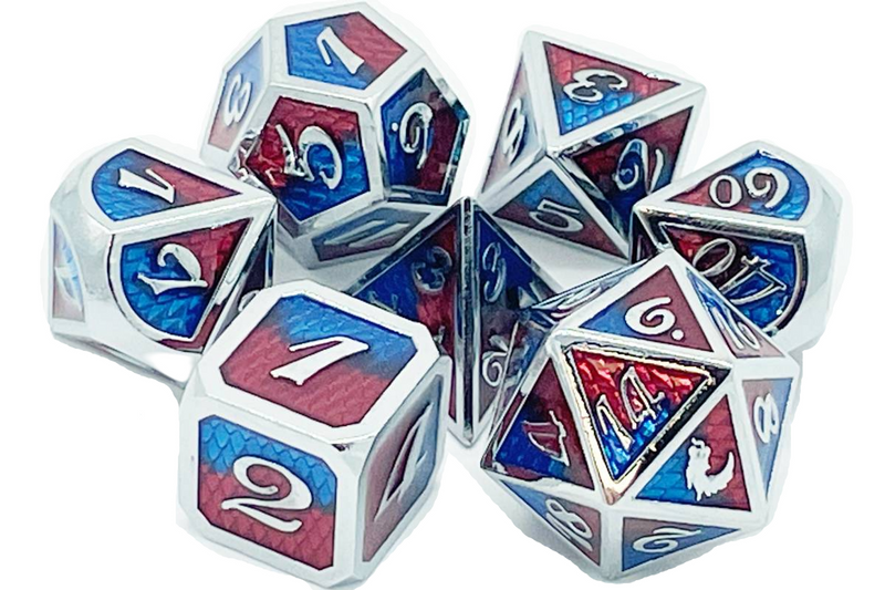 7 Piece RPG Metal Dice Set: Dragon Scale - Red & Blue