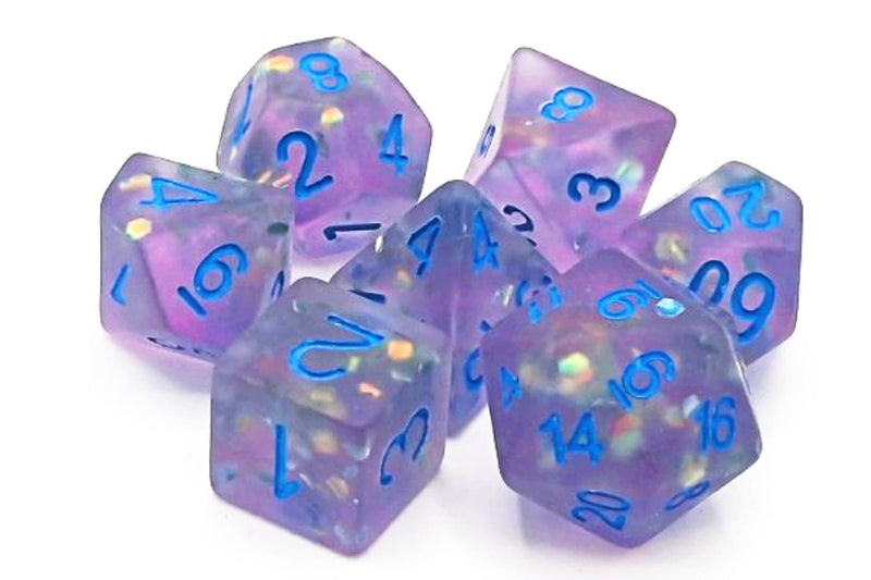 Old School 7 Piece D&D RPG Dice Set: Infused - Frosted Firefly - Lavender w/ Blue