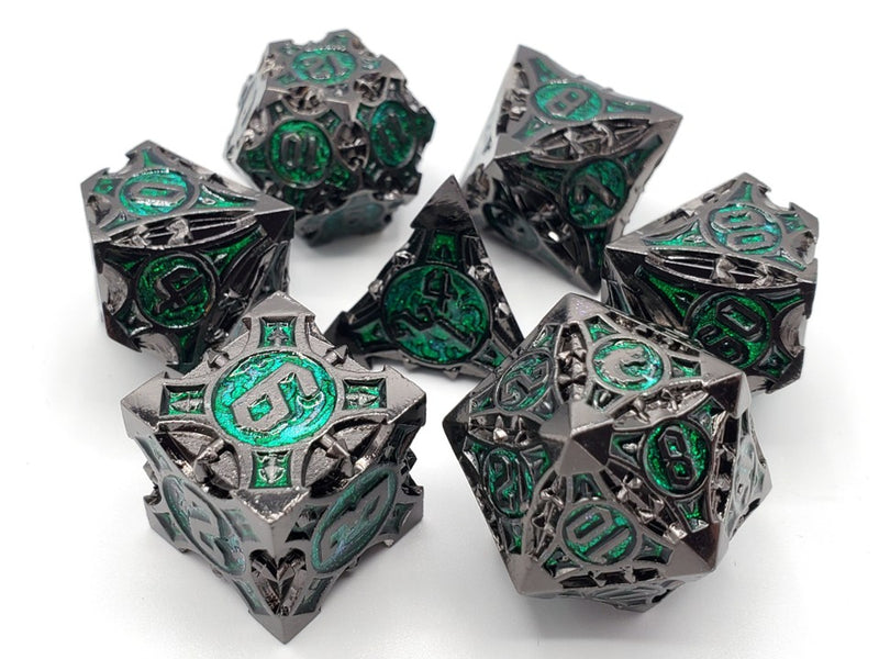 Old School 7 Piece D&D RPG Metal Dice Set: Gnome Forged - Black Nickel w/ Green