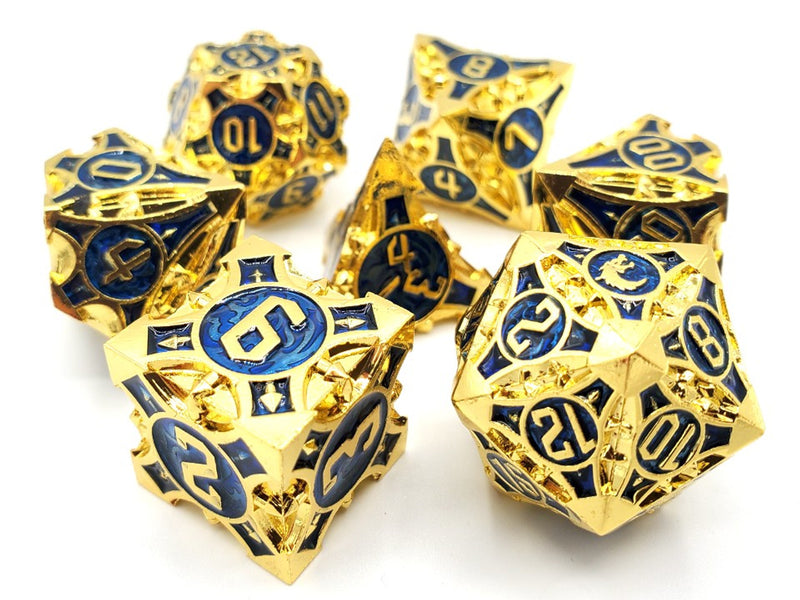 Old School 7 Piece D&D RPG Metal Dice Set Gnome Forged - Gold w/ Blue