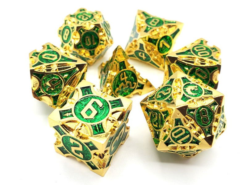 Old School 7 Piece D&D RPG Metal Dice Set: Gnome Forged - Gold w/ Green