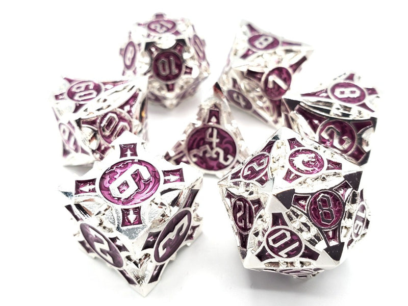 Old School 7 Piece D&D RPG Metal Dice Set Gnome Forged - Silver w/ Purple