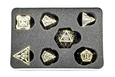 Old School 7 Piece D&D RPG Metal Dice Set Knights of the Round Table - Black with Gold