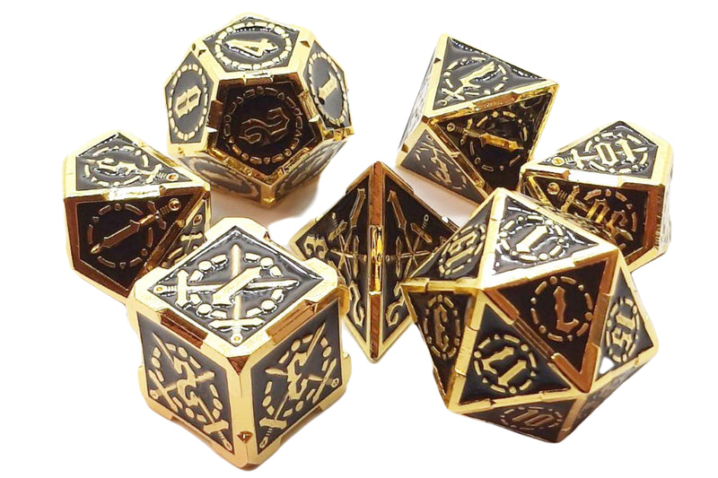 Old School 7 Piece D&D RPG Metal Dice Set Knights of the Round Table - Black with Gold