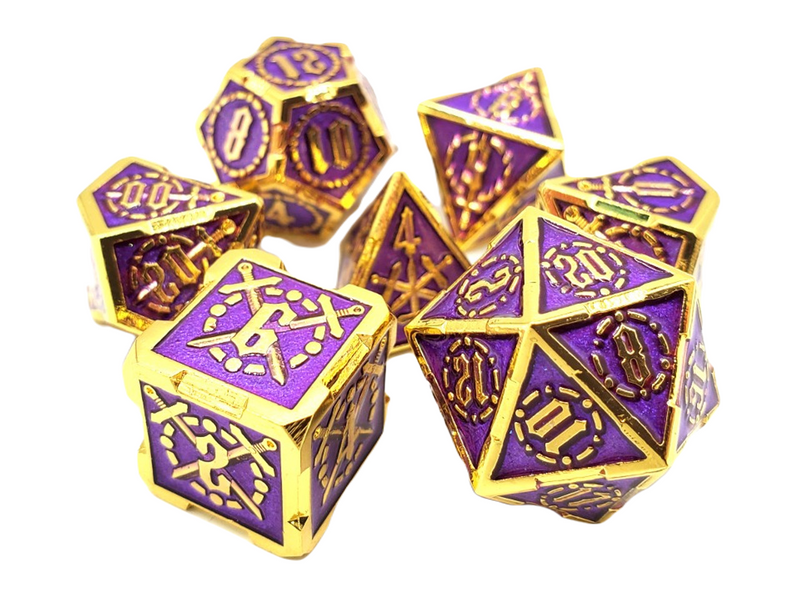 Old School 7 Piece D&D RPG Metal Dice Set Knights of the Round Table - Purple with Gold