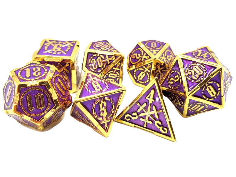 Old School 7 Piece D&D RPG Metal Dice Set Knights of the Round Table - Purple with Gold