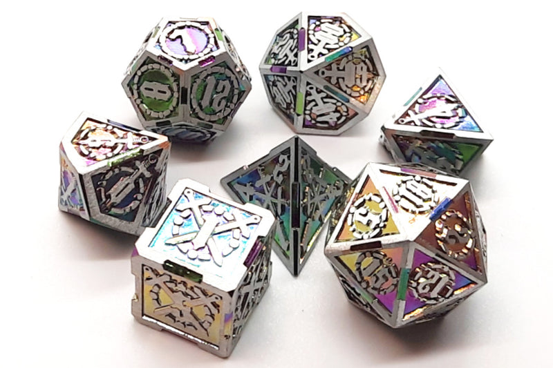 Old School 7 Piece D&D RPG Metal Dice Set Knights of the Round Table - Spectral with Silver