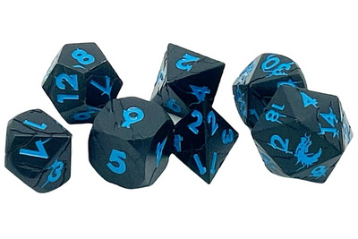 Old School 7 Piece D&D RPG Metal Dice Set: Orc Forged - Matte Black w/ Blue