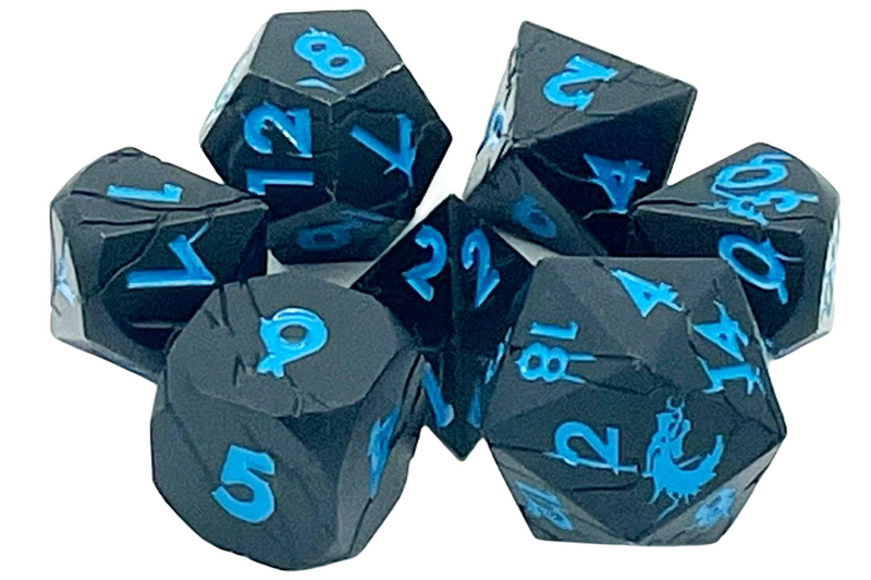 Old School 7 Piece D&D RPG Metal Dice Set: Orc Forged - Matte Black w/ Blue