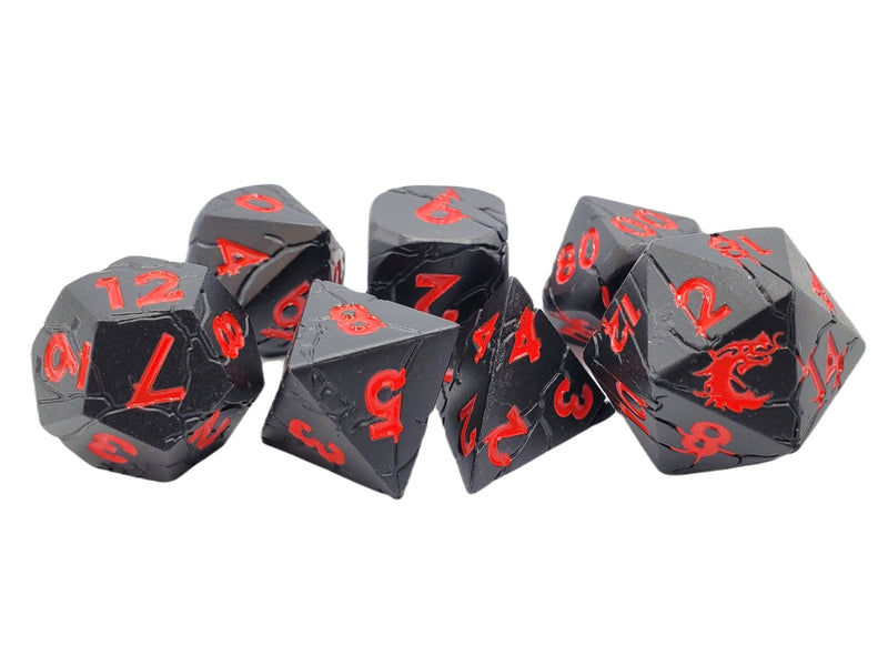 Old School 7 Piece D&D RPG Metal Dice Set Orc Forged - Matte Black w/ Red