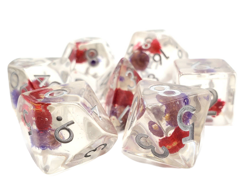 Old School 7 Piece RPG Dice Set: Infused - Red & Purple Flower