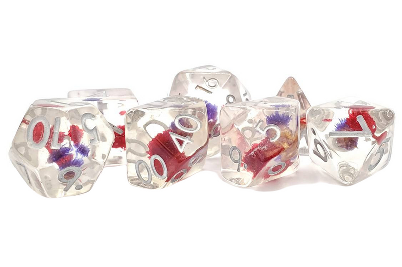 Old School 7 Piece RPG Dice Set: Infused - Red & Purple Flower