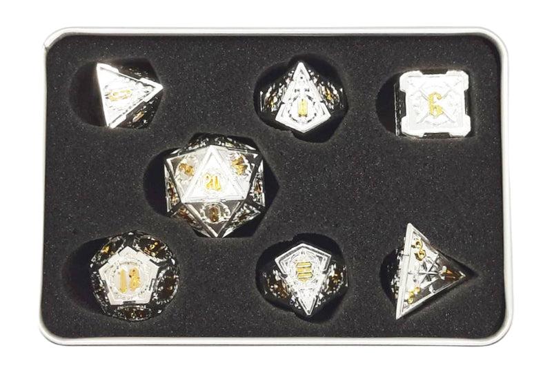 Old School 7 Piece D&D RPG Metal Dice Set Knights of the Round Table - Silver with Gold