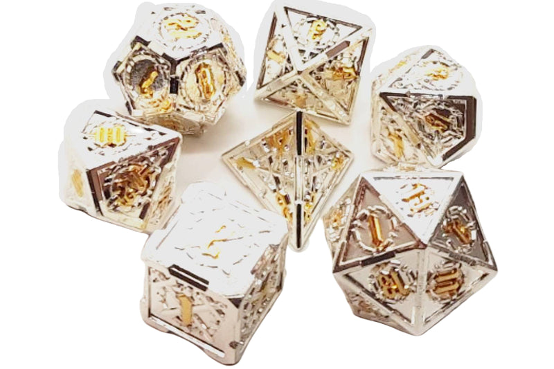 Old School 7 Piece D&D RPG Metal Dice Set Knights of the Round Table - Silver with Gold